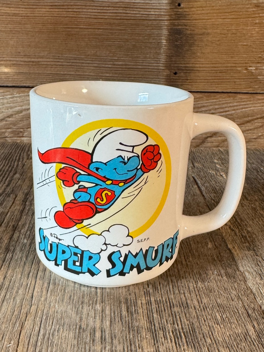 Vintage 1981 "Super Smurf" ceramic coffee mug